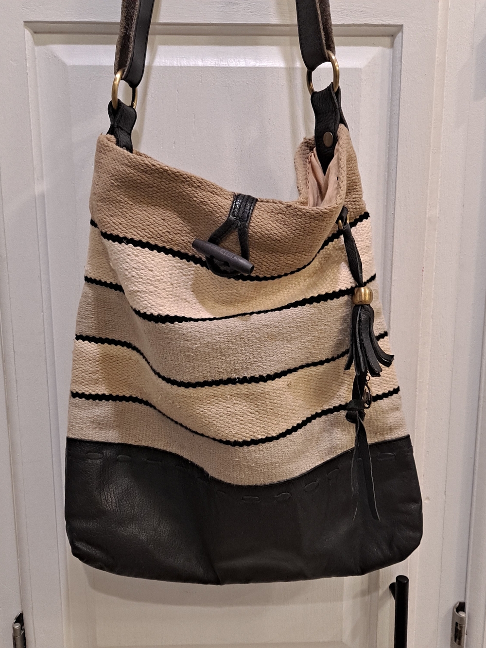 Raj LA Vintage Handcrafted Black Tan Striped Woven Carpet Textile Leather Bag